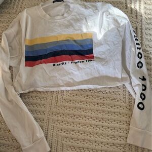 Brandy Melville White Long-Sleeve Graphic Tee with Multi-Color Stripes